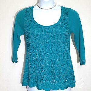 Casual Express Aqua Blue Lace Overlay Knit Sweater 100% Cotton Scoop Neck NWT S